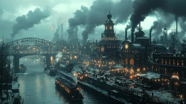 Industrial city waterfront scene at night