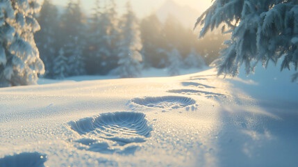 Footprints in the snow symbolizing that someone has passed by, classic human footprints from large and deep boots.