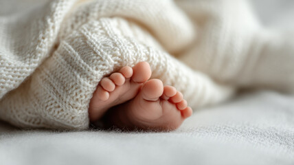 Adorable baby feet peeking out from a soft, cream-colored knitted blanket. The image conveys a sense of warmth, innocence, and new beginnings. 