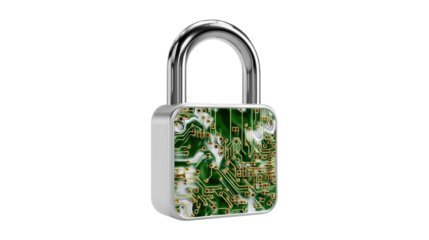 Digital Security Lock: A close-up of a padlock, its surface adorned with a circuit board design, symbolizes data protection and cybersecurity in a technological context.