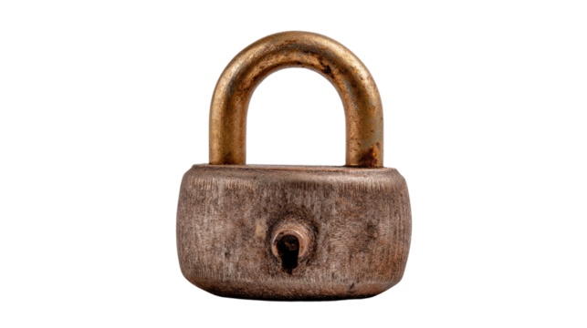 Old weathered padlock: This vintage, weathered padlock symbolizes security, privacy, and the protection of valuable assets and secrets, inviting viewers to consider themes of safety, closure.