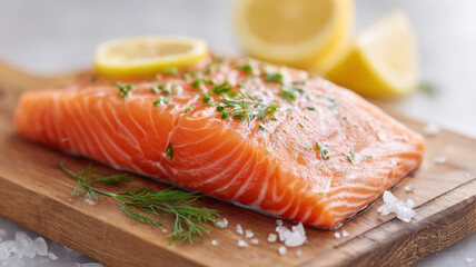A fresh salmon fillet is ready to eat with some lemon and green herbs. The salmon is orange color and sitting on the brown wooden board.