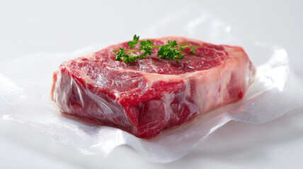 Fototapeta premium Marbled beef steak vacuum-sealed for sous vide cooking,