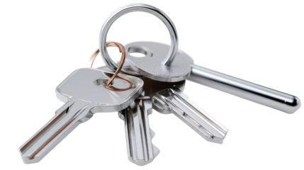 Keys Close-up: A close-up shot of a set of keys, showcasing their intricate details and metallic sheen, arranged on a metallic ring, representing access, security, and protection.