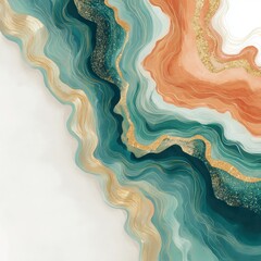 Abstract artwork featuring flowing teal, gold, and rust-colored layers with organic, marbled patterns and shimmering accents.