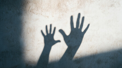Shadow hands silhouette projected against the weathered wall, creating an emotive and intriguing visual representation