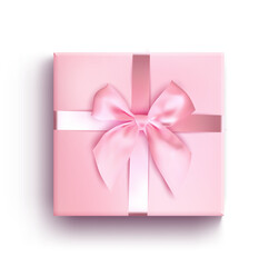 3D Gift box present vector with pink ribbon top view. Realistic birthday or Christmas surprise template on white background. Festive holiday celebration mockup for love, wedding and party design.