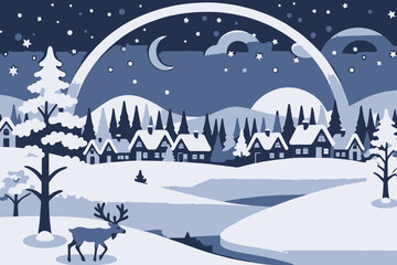 Fototapeta premium Winter Wonderland Scene-Cozy Cabins in Snowy Landscape-Reindeer and Christmas Trees under Starry Night Sky-Festive Holiday Illustration
