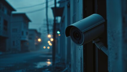 A modern security camera mounted on a building wall, captured at night with a moody city background and soft bokeh lights
