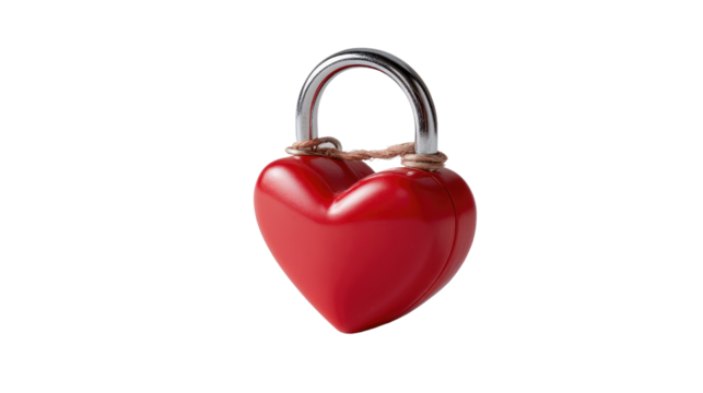 Heart Lock: A red heart-shaped padlock secured with twine, symbolizing love, commitment, and security.