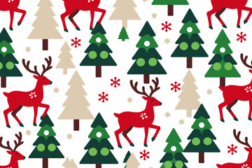 Christmas Pattern with Reindeer-Festive Trees-Snowflakes-Holiday Background for Scrapbooking-Wrapping Paper-DIY Projects-Seamless Winter Design