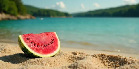 Juicy watermelon rests on warm sand by a calm lake , image, food, travel