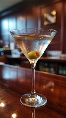 A sophisticated martini with an olive, showcasing elegance and classic cocktails. The olive adds a touch of savory flavor to the refreshing drink