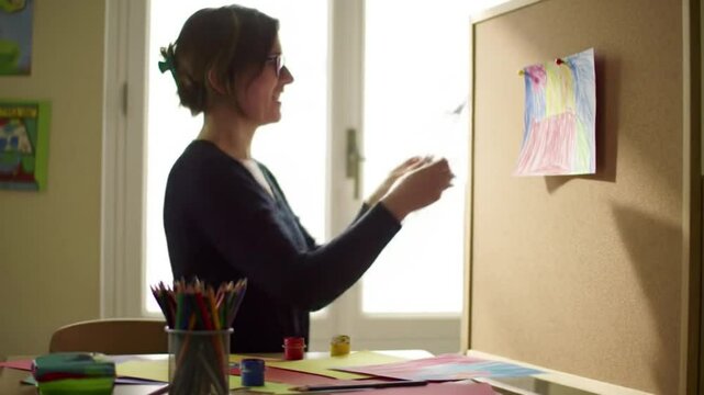 A woman arranges colorful artwork on a corkboard in a bright room.