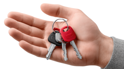 Holding Keys: A person's open palm delicately cradles a gleaming set of keys, rendered in precise detail to represent ownership.