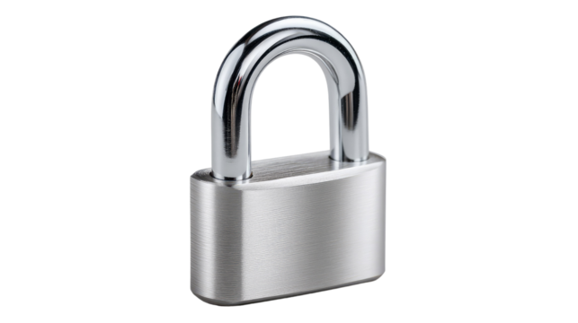 Security Lock: A close-up shot of a silver metal padlock, reflecting light and emphasizing security and protection.