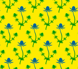 Seamless pattern with a sprig of Eryngium flowers on a yellow background, perfect for backgrounds, textiles, paper. Seamless floral pattern.