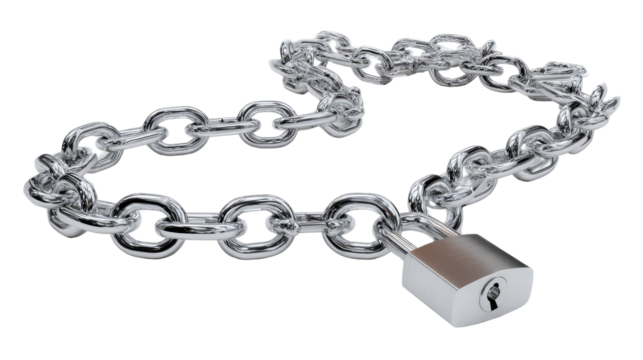 Chains and Security: A chrome chain is secured by a lock, symbolizing protection, data safety, and restriction. This striking visual speaks volumes about keeping things secure.