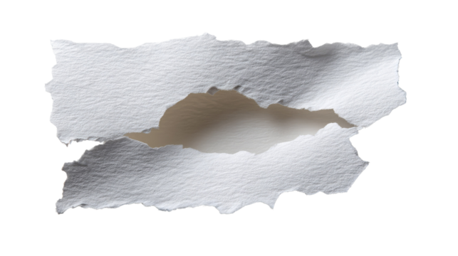 Torn Paper: A close-up shot of a piece of torn paper, with rough edges and a visible tear, symbolizes concepts such as damage and destruction.