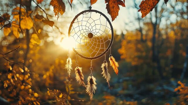 Dreamcatcher with feathers hanging in autumn forest with sunbeams. Nature, travel, lifestyle, and spirituality concept.