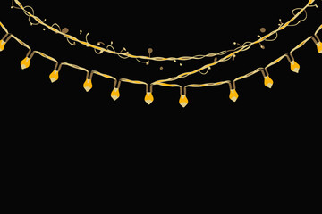 Festive String Lights Illustration on Black Background-Holiday Decoration Concept-Warm Glowing Lights for Celebrations-Perfect for Christmas and New Year designs