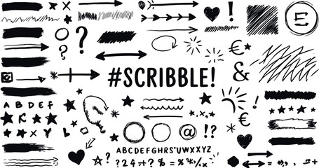 Diverse hand-drawn scribbles and symbols set for creative projects and design inspiration. Vector illustration