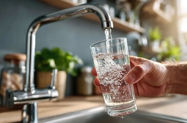 A hand fills a clear glass with fresh water from a kitchen faucet in a bright, modern kitchen setting.
