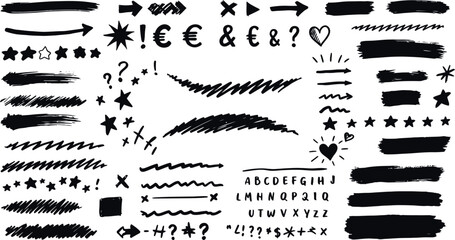 Hand drawn doodle elements set with arrows, hearts, stars, and alphabet for creative design. Vector illustration