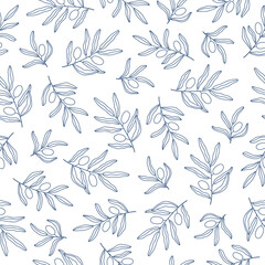 Seamless pattern with hand drawn outline blue olive branches on white background. Modern botanical print for fabric, cover, card, flyer. Vector illustration