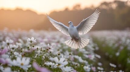 Obraz premium A dove in flight over a field of flowers during sunset, symbolizing peace and freedom. The dove's wings are spread wide, and it is illuminated by the golden light of the setting sun.