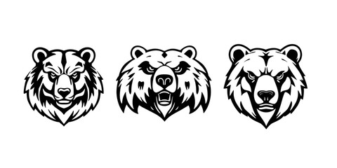 Cool Bear Logo, Monochrome Head Mascot Vector Set