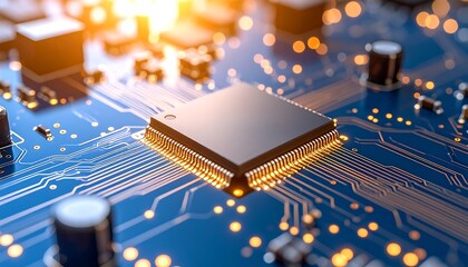 Close-up of a microprocessor on a circuit board, illuminated with warm light