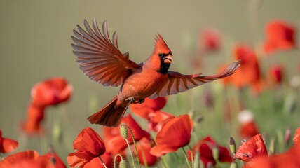 A beautiful red cardinal bird in full flight among vibrant red poppies