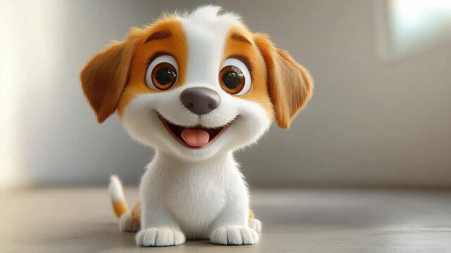 3d cartoon adorable puppy with big expressive eyes smiling cheerfully against white room background, dog, pet, domestic animal
