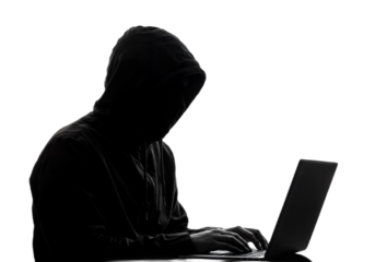 Anonymous Hacker with Laptop Computer – Cybersecurity Threat Character Isolated on Transparent Background for Digital Crime Concepts, Tech Illustrations, and Cyber Attack-Themed Designs