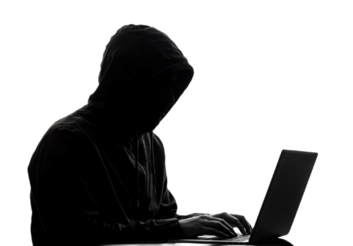 Anonymous Hacker with Laptop Computer – Cybersecurity Threat Character Isolated on Transparent Background for Digital Crime Concepts, Tech Illustrations, and Cyber Attack-Themed Designs