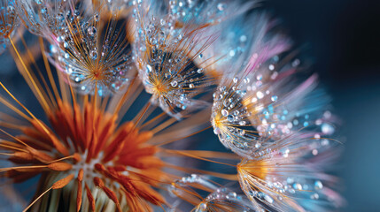 Close-up of a colorful dandelion seeds with water drops on the dark background