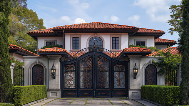 Authentic villa setting. Grand black iron gate in front of Spanish-style luxury home. Ideal for real estate marketing, home design presentations, or upscale residential ads.