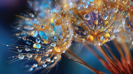 Close-up of a colorful dandelion seeds with water drops on the dark background