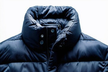 A navy blue puffer jacket with a high collar and zipper, displayed against a white background.