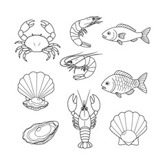 Seafood Line Art Illustrations Crabs, Shrimp, Fish, Lobster, Scallops, Oysters