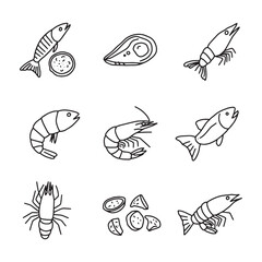 Obraz premium Seafood Icons Shrimp, Fish, and Steak Line Art Illustrations