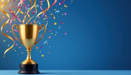 Golden Trophy Award Winner Celebration with Colorful Confetti Ribbons