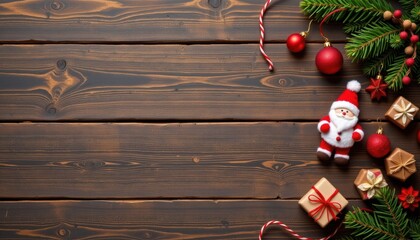 Festive Christmas Background Wooden Texture with Santa Gifts and Ornaments