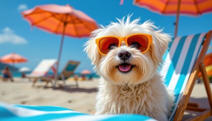 Happy Dog Relaxing on Beach Lounger Wearing Sunglasses