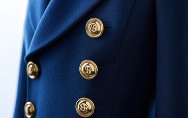 Close-up of a navy blue blazer with four shiny gold buttons arranged vertically.