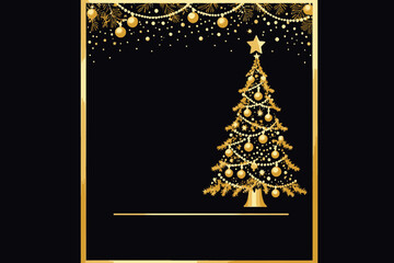 Elegant Gold Christmas Tree on Black Background-Festive Holiday Card Design-Luxury Christmas Illustration with Copy Space-Sparkling Decorations for Christmas Season