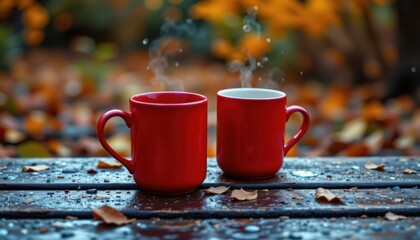 Two Red Mugs of Hot Drink on Rainy Autumn Day Outdoor Table