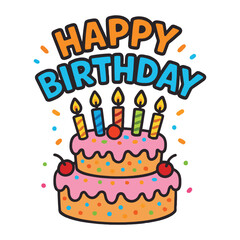 Colorful Happy Birthday Cake Illustration with Candles and Confetti