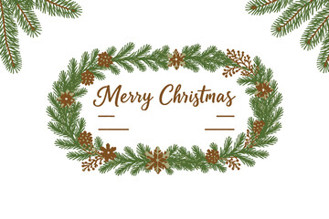 Festive Merry Christmas Card with Pinecone and Floral Wreath- Holiday Greetings Template for Personalized Messages- Elegant Christmas Invitation Design_